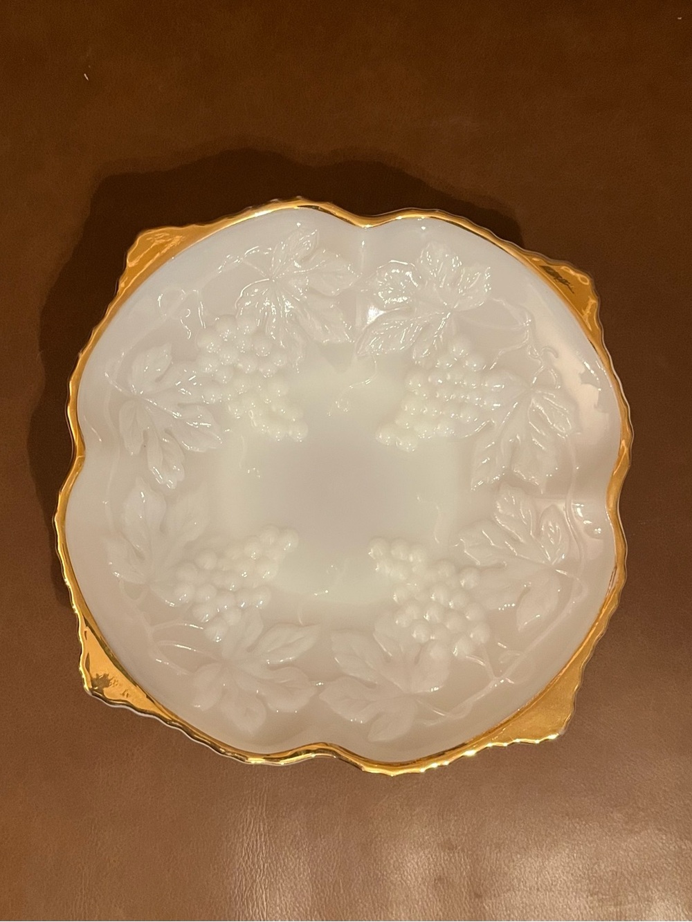 Footed White Milk Glass w/ Embossed Grape and Leaf Pattern Bowl w/Gold Trim